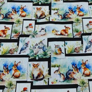 Tela de animales del bosque con acuarela, tela de dibujos animados, tela de algodón puro de media yarda, tela con estampado de conejo, pájaro y ardilla