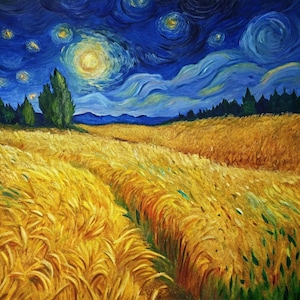 May include: An oil painting of a wheat field under a starry night. The sky is a deep blue with swirling clouds and bright yellow stars. The wheat field is golden, with a path leading through it. Green trees are on the left and right.