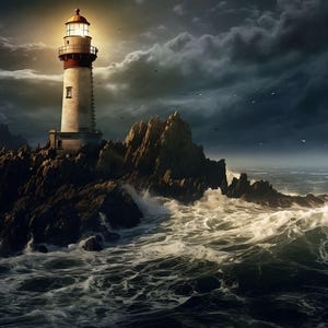 Puede incluir: Imagen digital de un faro en una isla rocosa, iluminado por una luz brillante. El faro es blanco con la parte superior roja, sobre un mar tormentoso y un cielo oscuro y nublado. Las olas chocan contra las rocas.