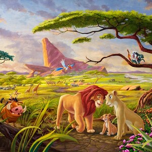 May include: A vibrant painting depicts a scene from The Lion King. A male lion with a red mane and a female lion are close together, with a cub nearby. Other characters include a warthog, a meerkat, and a bird. The background shows a savanna landscape.