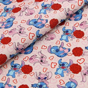 Stitch and Angel Fabric Blue Pink Koala Fabric Valentine and Love Fabric Animation Fabric Cartoon Fabric Pure cotton Fabric by The Half Yard