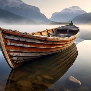 May include: A wooden rowing boat with a reddish-brown and white exterior rests on still water. The boat's reflection is visible, with mountains and a misty sky in the background. The scene conveys a sense of peace and natural beauty.