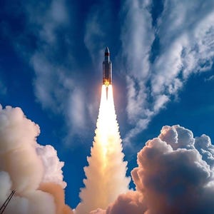May include: A rocket blasts off into a vivid blue sky, surrounded by billowing white clouds. The rocket's engines produce a bright orange flame and a trail of smoke. The image depicts the power and thrill of space travel.