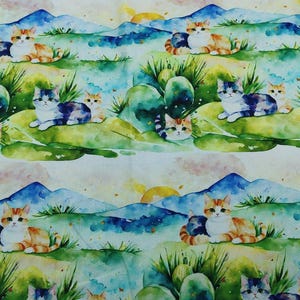 Watercolor Cat Landscape Fabric Cartoon Fabric Pure cotton Fabric by The Half Yard
