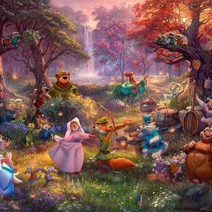 May include: A vibrant illustration of a forest scene with animated characters. Robin Hood, Maid Marian, and other animal characters are depicted in a colorful, detailed setting. The artwork features a waterfall, trees, and a variety of animals in a whimsical style.