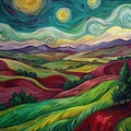 Van Gogh Style Colorful Hills Art Fabric Panel, 31“ × 31“ Panel, 100% Cotton Fabric product logo