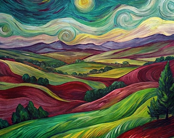 Van Gogh Style Colorful Hills Art Fabric Panel, 31“ × 31“ Panel, 100% Cotton Fabric