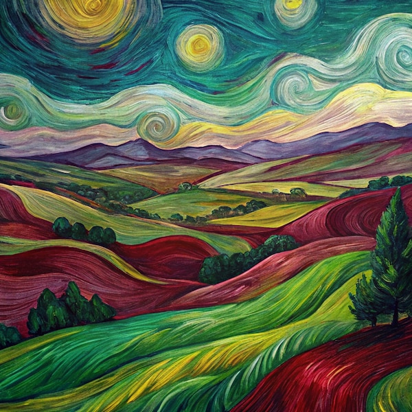 Van Gogh Style Colorful Hills Art Fabric Panel, 31“ × 31“ Panel, 100% Cotton Fabric