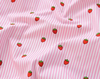 Pink White Stripe Strawberry Cotton Fabric, Red Berry Vertical Stripe Print, by The Half Yard