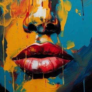 May include: Abstract portrait painting with a close-up of a face, using vibrant colours. The artwork displays bold brushstrokes of yellow, blue, and red, with emphasis on the lips and eyes. The painting style is expressive and modern.