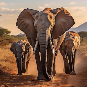 Peut inclure: Trois éléphants marchant sur un chemin de terre. L'éléphant de tête a de grandes défenses. La scène se déroule dans un paysage sec et herbeux avec des montagnes en arrière-plan. Le ciel est d'une couleur orange chaude.