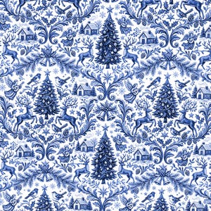 May include: A repeating pattern fabric featuring a blue and white toile design. The print displays Christmas trees, reindeer, small houses, angels playing instruments, birds, pinecones, and bells arranged in a symmetrical, ornate scrollwork.