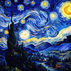 Könnte beinhalten: Ein künstlerisches Gemälde einer sternenklaren Nacht, mit wirbelnden blauen und gelben Pinselstrichen. Das Kunstwerk zeigt einen Halbmond, helle Sterne und einen dunklen, hoch aufragenden Baum im Vordergrund. Ein Dorf liegt unter sanften Hügeln.