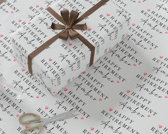 Personalised Happy Retirement Gift Wrapping Paper Roll, Custom Name Wrap Paper, Elegan Happy Retirement Bespoke Wrap, Retired Gift for Her