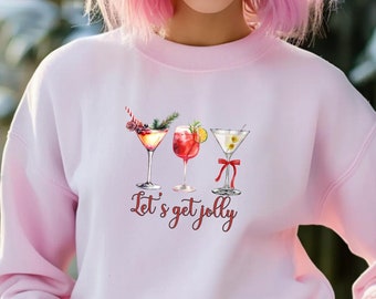 Bluza z nadrukiem świątecznym na koktajl, zabawny strój na imprezę świąteczną, świąteczny prezent z okrągłym dekoltem dla miłośników koktajli, koszulka Let's Get Jolly