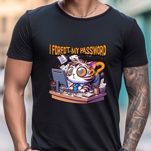 Könnte beinhalten: Ein schwarzes T-Shirt mit einer Comic-Katze, die eine Krawatte und eine Brille trägt und an einem Computertisch sitzt. Der Text "I FORGOT MY PASSWORD" ist auf dem T-Shirt aufgedruckt.