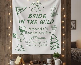 Custom Camp Bachelorette Banner, Camping Bach Decor, Mountains Lake Girls Bridal Party Welcome Sign, Cabin Crew Photo Backdrop