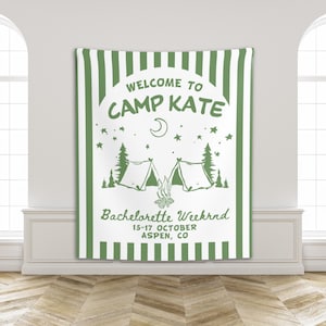 Custom Camp Bachelorette Banner Camp Bach Flag Custom Location Camping Party Tapestry Bridal Party Decor Glamping Bachelorette Sign
