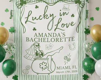 Lucky in Love St Patricks Bachelorette Party Banner, Irish Hen Do, Lucky Shamrock Bach Sign, Custom St Pattys Bridal Party Photo Backdrop