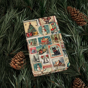Vintage Stamps Christmas Wrapping Paper, Nostalgic Winter Holiday Gift Wrap Roll, Christmas Present Wrapping, Seasonal Gift Wrap Paper