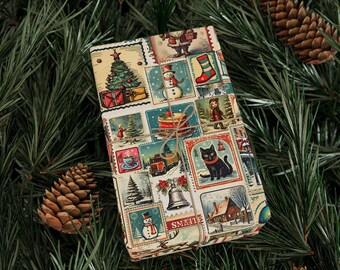 Papel de regalo navideño con sellos vintage, rollo de papel de regalo nostálgico para las fiestas de invierno, papel de regalo navideño, papel de regalo de temporada