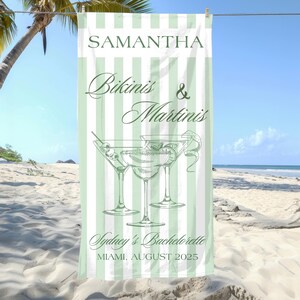 Personalized Beach Bachelorette Towel Gifts, Bikinis and Martinis Custom Bach Club Beach Towel, Weekend Beach Trip Bridesmaid Gifts