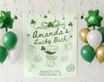 Irish Bridal Party Decor, Lucky in Love St Patricks Bachelorette Party Banner, Shamrock Bach Sign, Custom St Pattys Bride Photo Backdrop
