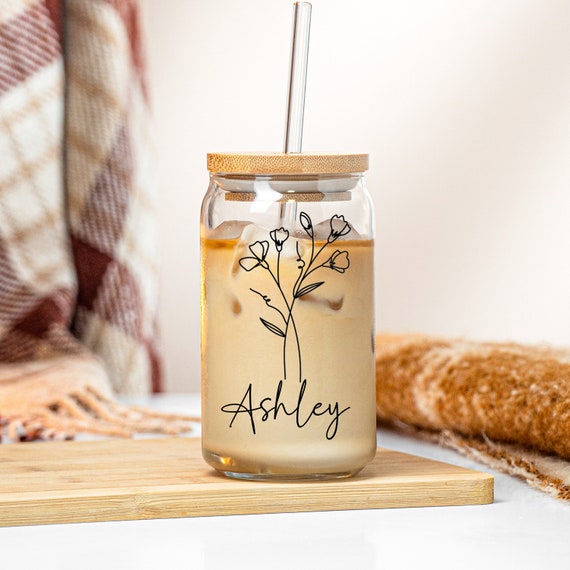 Tazza Di Vetro Personalizzata 16 Oz Con Coperchio E Cannuccia - Design Floreale - Foto 6