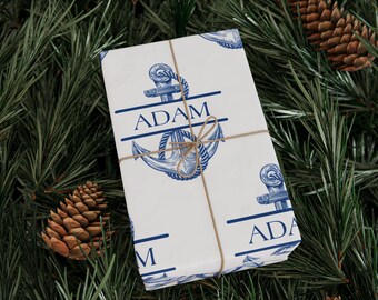 Benutzerdefinierte Name Anker Geschenkpapierrolle, personalisierte Segeln Nautische Geschenkverpackung Benutzerdefinierte Segelboot Sailor Navy Weiß Geschenkpapier Kapitän Geschenk