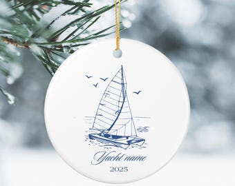 Personalisierte Segelboot Weihnachtsverzierung, Yachtbesitzer, die Weihnachtsgeschenkidee segeln, nautisches Weihnachtsandenken, kundenspezifische Bootsnamendekoration