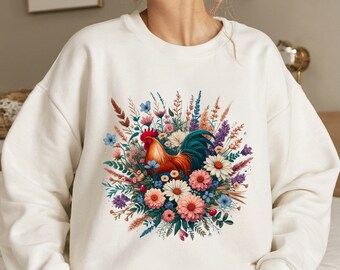 Farm Girl Cottagecore Wildflower Chicken Sweatshirt Gift for Chicken Lover, Country Farm Life Sweater Gift for women, Chicken Lady Shirt