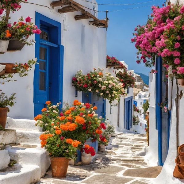 Rustic Greek Island street with Flowers DIgital Wall art