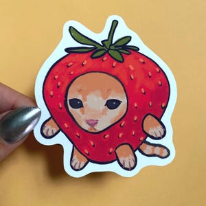 Strawberry Cat Sticker, Cartoon Sticker, Waterproof, Matte, Holographic, Laptop, Water Bottle