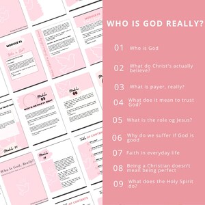 Op de afbeelding: Een roze en witte lay-out met de titel "Who Is God Really?" en een lijst met gerelateerde onderwerpen. De lay-out bevat pagina's met tekst en duifillustraties, moduletitels en een inhoudsopgave.