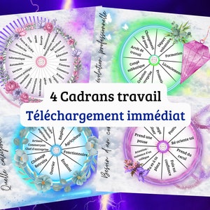 May include: Four colourful wheel charts with floral accents and a pink diamond. The charts are titled "Mon futur métier", "Quelle catégorie", "Evolution professionnelle", and "Besoin d'un conseil". The text "4 Cadrans travail" and "Téléchargement immédiat" are also visible.