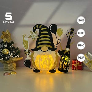 Gnome nouvel an 2 lanterne PDF, SVG, modèle Studio - lanterne pour décorations de Noël - modèle bricolage Noël papier découpé