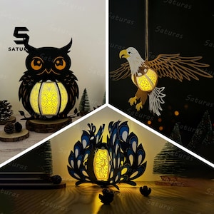 Confezione da 3 diverse creature aeree, 1 lanterna PDF, SVG, modello da studio - Lanterna per decorazioni a forma di animali - Modello fai da te per tagliare la carta a forma di animale