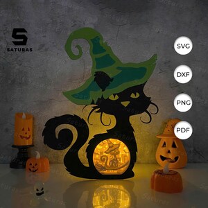 Sorcière chat boîte chat lanterne PDF, SVG, modèle Studio - lanterne pour décorations d'Halloween - bricolage Halloween papier découpé modèle