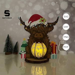 Highland Kuh Laterne PDF, SVG, Studio Vorlage - Laterne für Weihnachtsdekoration - DIY Weihnachten Papierschnitt Vorlage