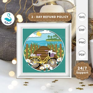 3D SVG Beach Bicycle Shadow Box, Beach Bicycle Papercut Layered 3D Svg, Beach 3D Svg, Beach Shadow Box, Cricut Silhouette