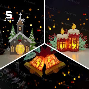 Lot de 3 lanternes de Noël PDF, SVG, modèle Studio - Lanterne pour décorations de Noël - Modèle DIY Noël en papier découpé