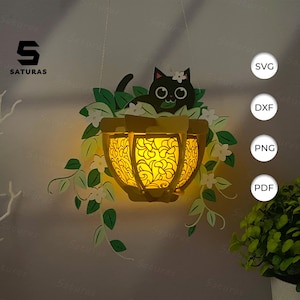 Farol de maceta con forma de gato (PDF, SVG, plantilla de estudio) - Farol para decorar macetas con forma de gato - Plantilla de corte de papel para macetas con forma de gato