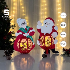 Couple Père Noël lanterne PDF, SVG, modèle Studio - lanterne pour décorations de Noël - modèle bricolage Noël papier découpé