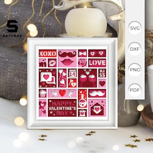 Caixa de sombra 3D SVG Feliz Dia dos Namorados, arquivo SVG de caixa de luz 3D recortada em papel DIY, corte de papel 3D em camadas SVG para Dia dos Namorados, silhueta Cricut, corte Cricut
