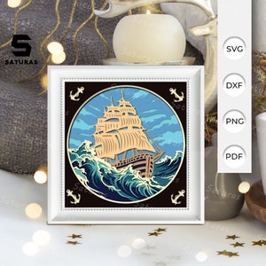 3D SVG voilier voilier Shadow Box, voilier voilier papercut couches 3D Svg, navire 3D Svg, navire Shadow Box, Silhouette Cricut