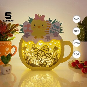 Caixa de ovos de Páscoa com pintinhos e lanternas em PDF, SVG, modelo de estúdio - Modelo de recorte de papel para Páscoa faça você mesmo - Lanterna de Páscoa para decoração de Páscoa