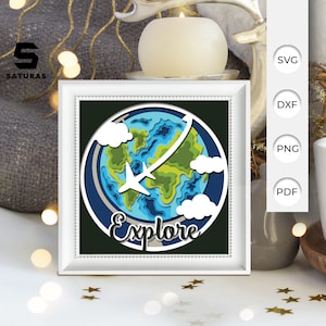 Globo SVG 3D Explore Caixa de Sombra, arquivo SVG de caixa de luz de recorte de papel 3D DIY, Globo Explore SVG em camadas de recorte de papel 3D, Silhueta Cricut, corte Cricut