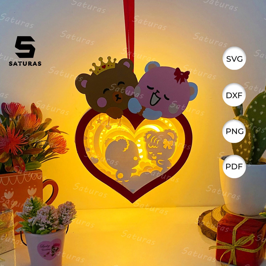 Lantern Heart Bear Paper Cut Light Box Template, Sillhouette, 3D Papercut Lightbox Svg File DIY