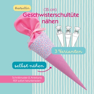 Op de afbeelding: Een roze stoffen kegel met een bloemenpatroon en witte stippen, voorzien van een lintje aan de bovenkant. De afbeelding bevat tekst: Bestseller, 35 cm, Geschwisterschultüte nähen, 3 Varianten, selbst nähen, Schnittmuster & Anleitung PDF sofort herunterladen.