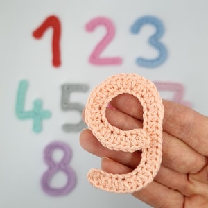 Può includere: Un numero nove all'uncinetto color pesca è tenuto in mano, con altri numeri all'uncinetto colorati sullo sfondo. I numeri sono in vari colori, tra cui rosso, rosa, blu e grigio. Lo sfondo è bianco.